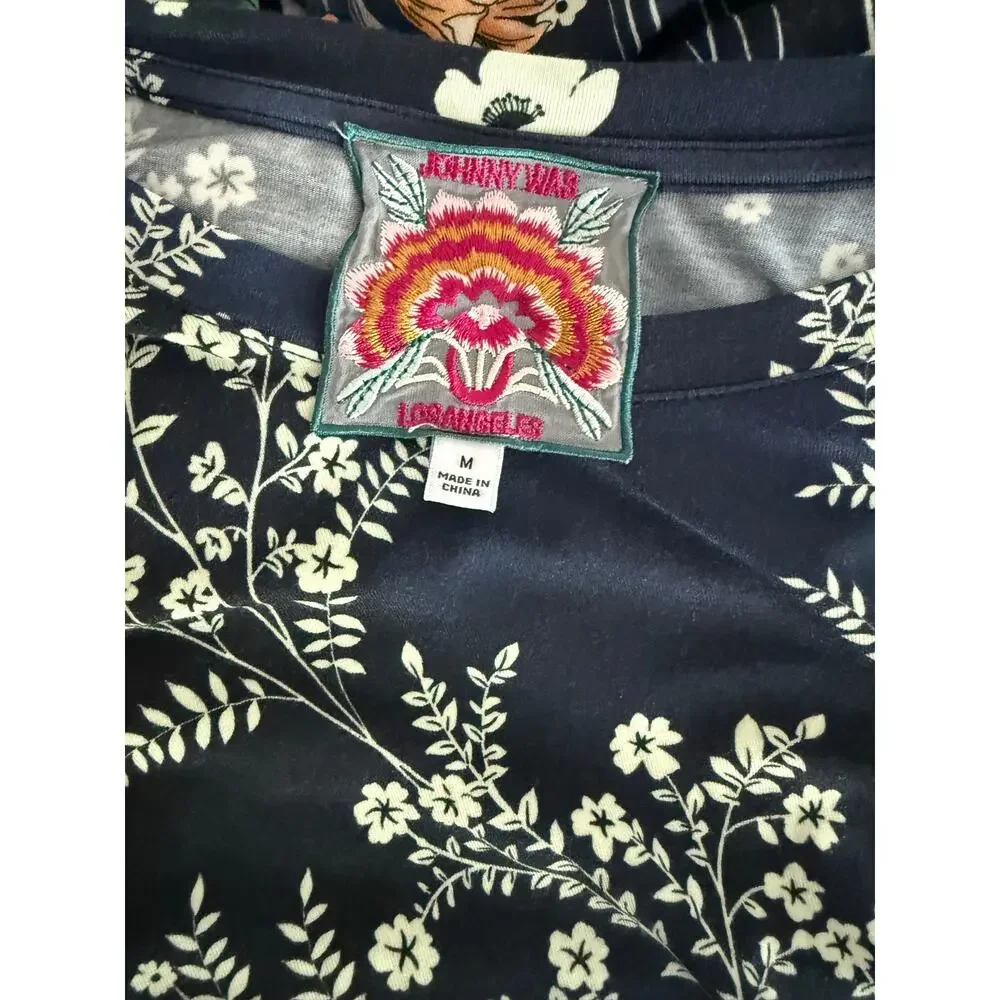 Johnny Was Janie Favorite Puff Sleeve Top Bursting Floral Navy Size Medium